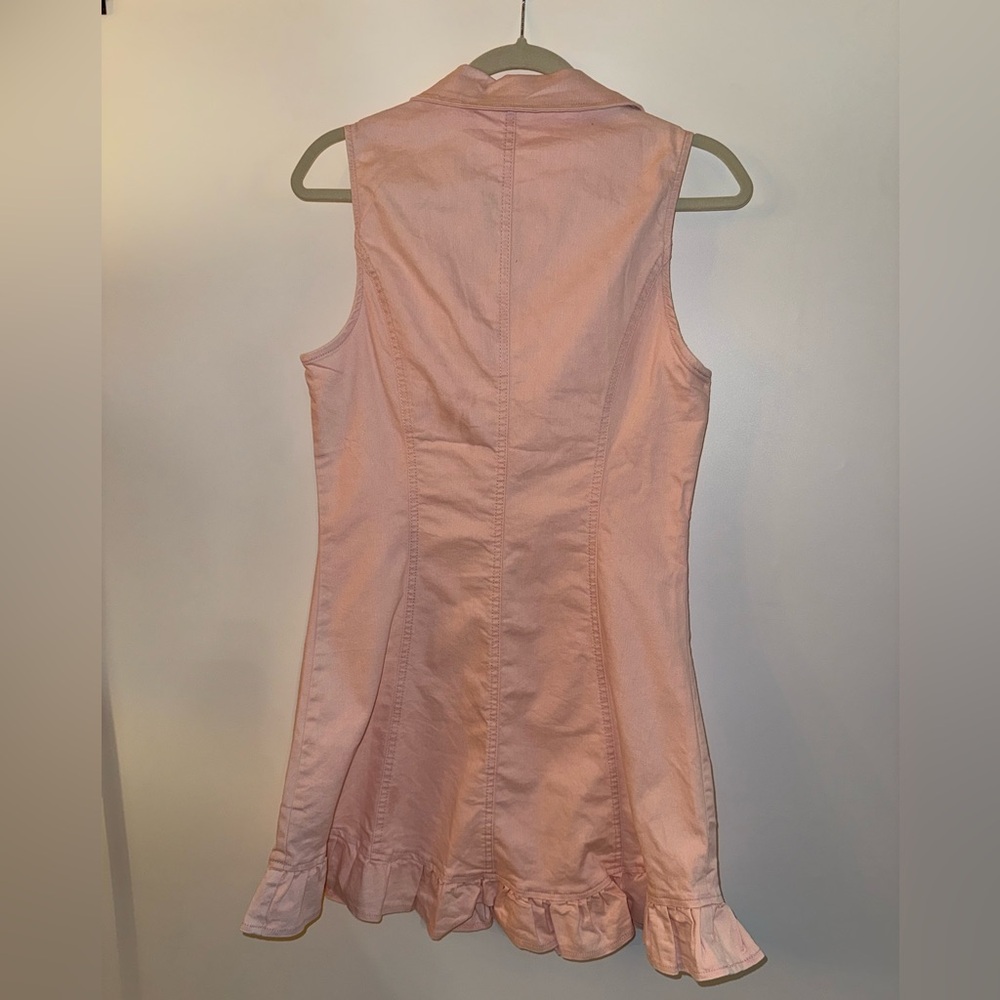 Oyrosy Vintage Slim Pink Denim Lapel Sleeveless Zipper Ruffle Mini Dress NWT - Picture 9 of 15